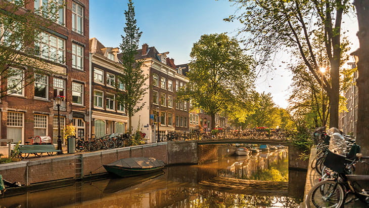 The Amsterdam canals as the sun goes down